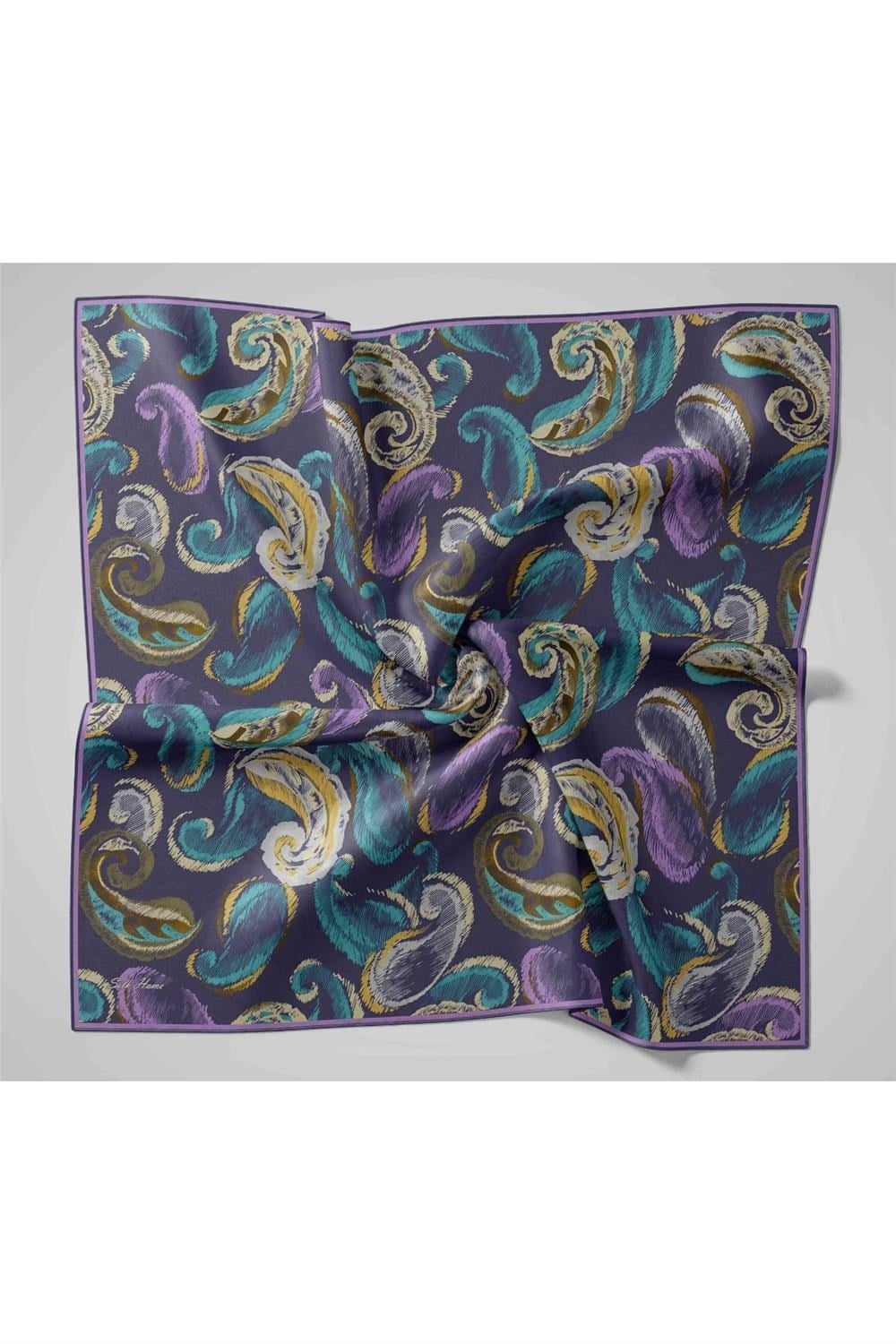 Twill İpek Eşarp Morcivert-Butter Desenli Tok Duruşlu 90x90