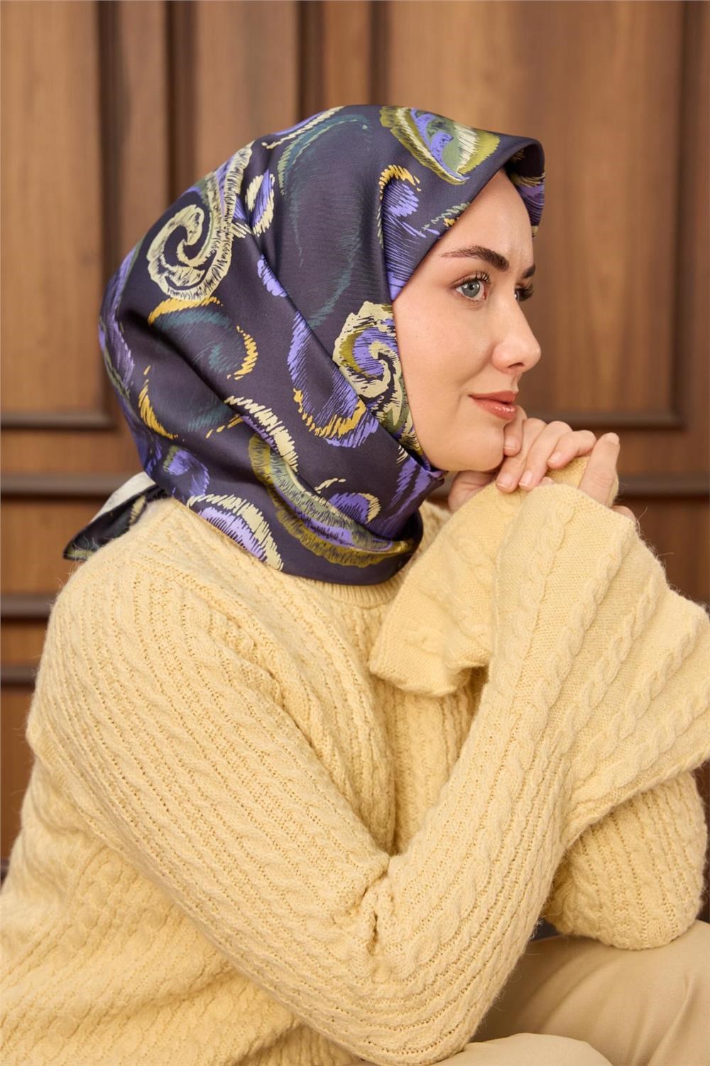 Twill İpek Eşarp Morcivert-Funda Desenli Tok Duruşlu 90x90