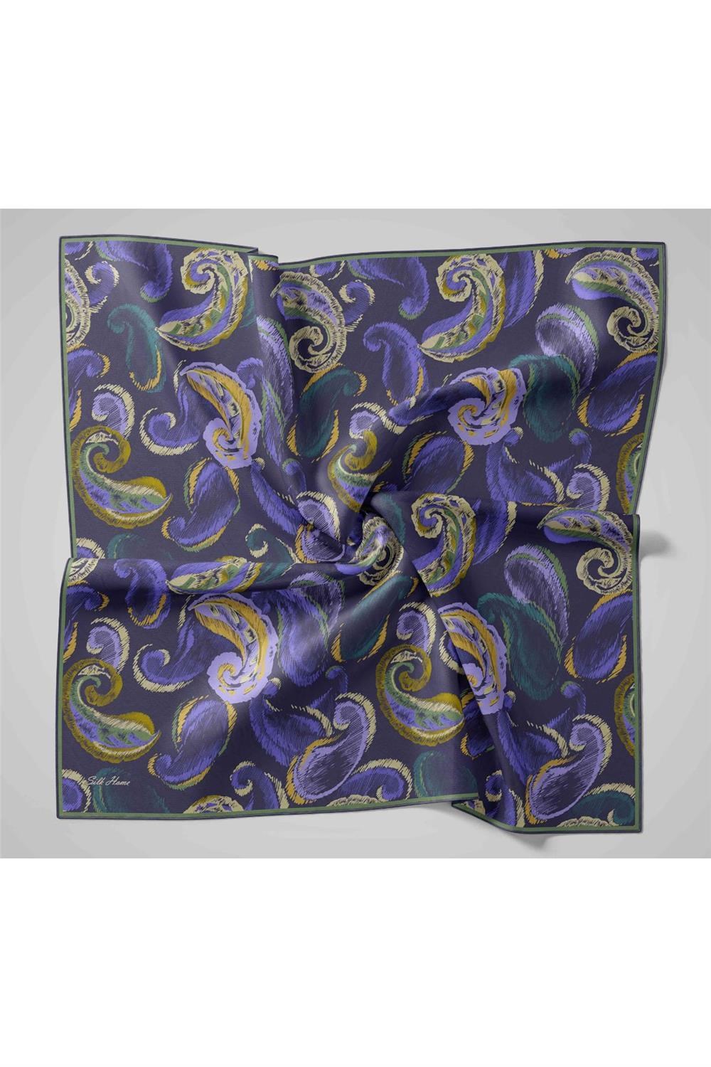 Twill İpek Eşarp Morcivert-Funda Desenli Tok Duruşlu 90x90