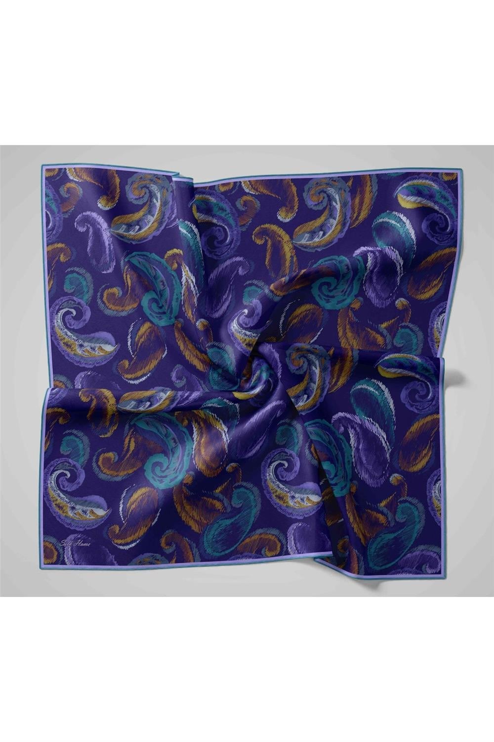 Twill İpek Eşarp Morcivert–Lila Desenli Tok Duruşlu 90x90