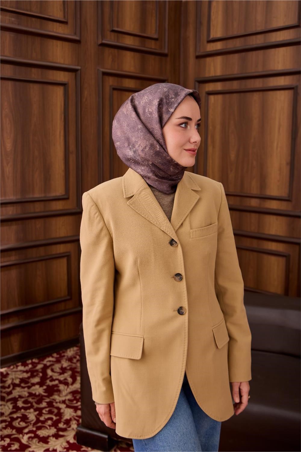 Twill İpek Eşarp Mor–Vizon Desenli Tok Duruşlu 90x90