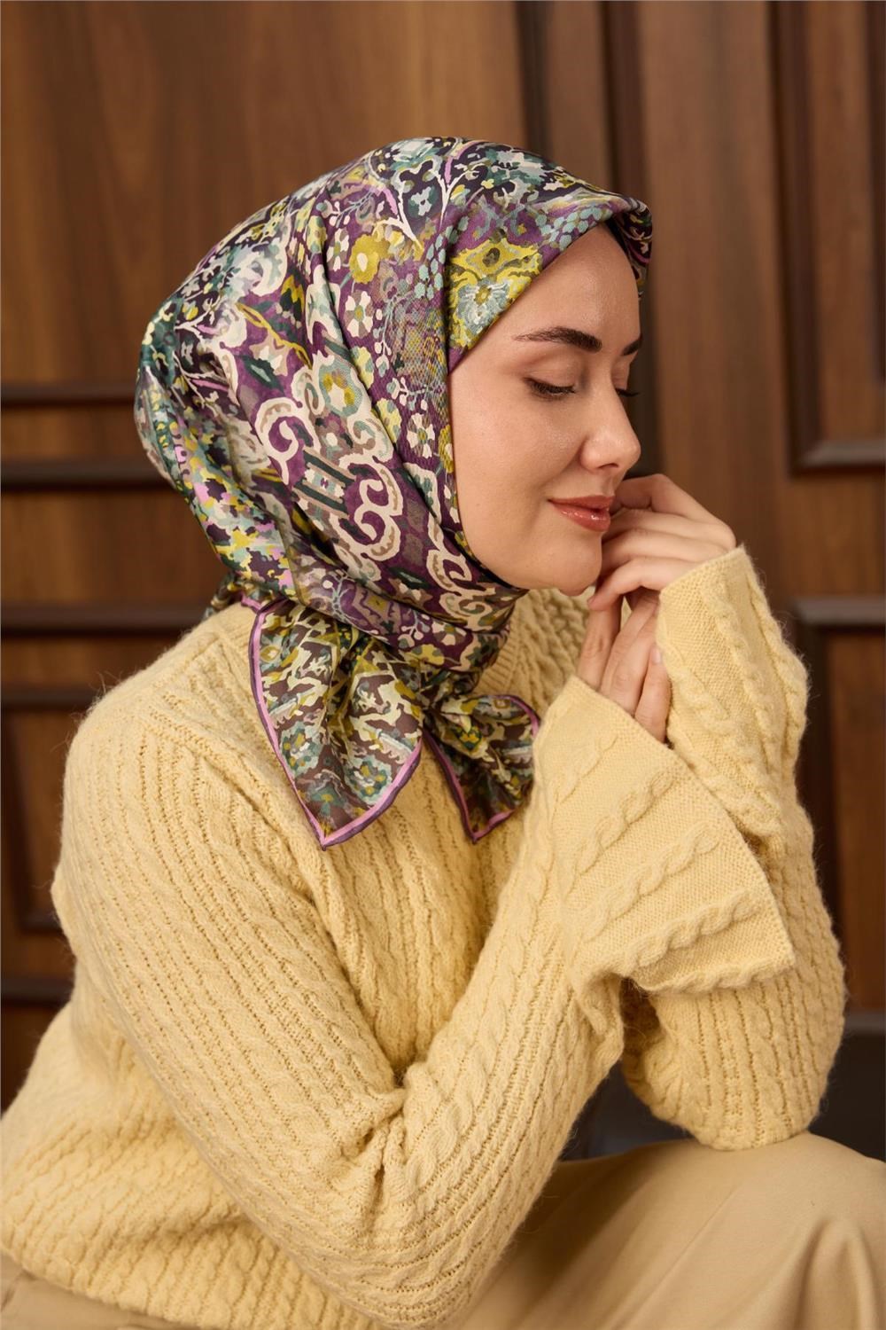 Twill İpek Eşarp Mürdüm-Butter Yellow Desenli Tok Duruşlu 90x90