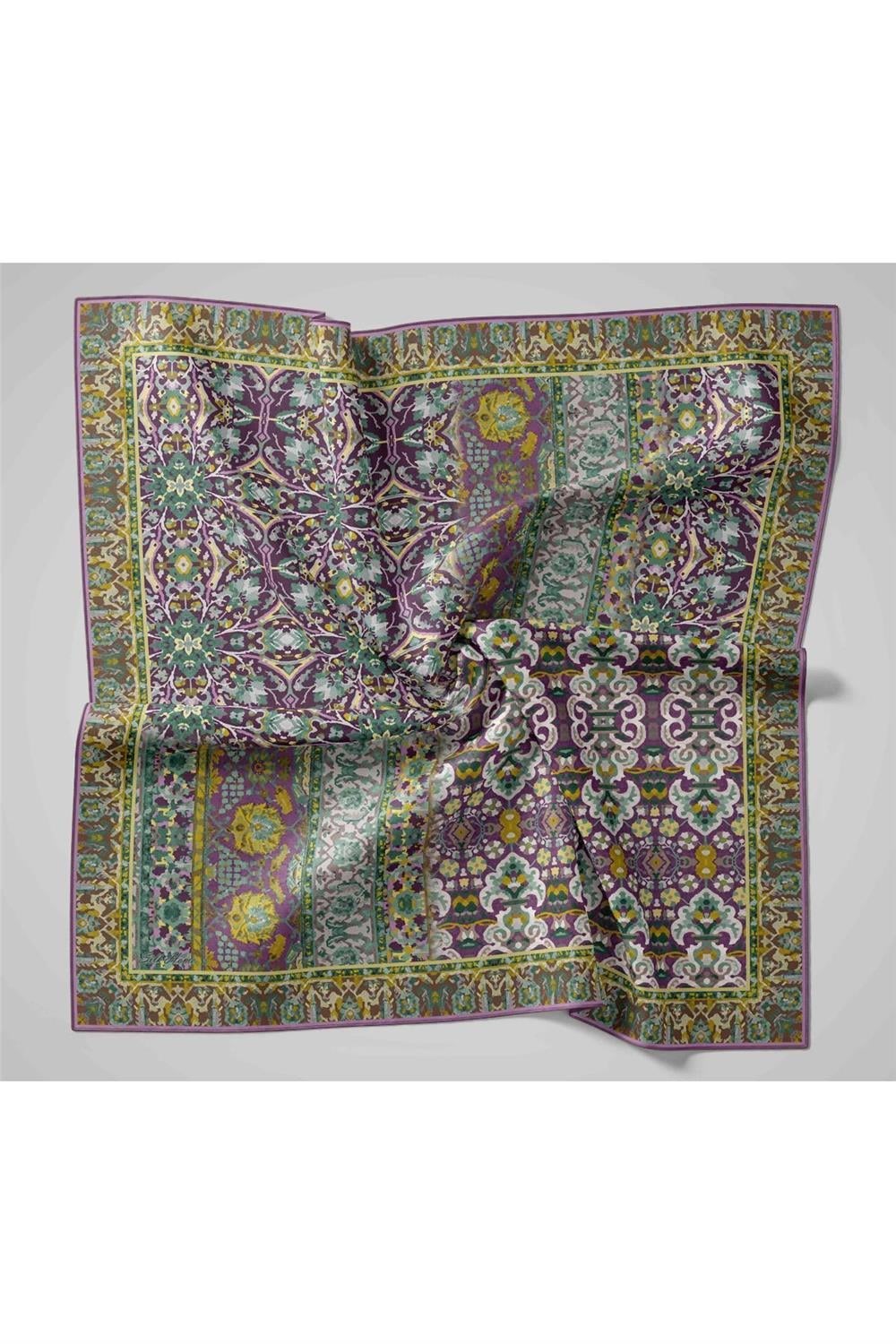 Twill İpek Eşarp Mürdüm-Butter Yellow Desenli Tok Duruşlu 90x90
