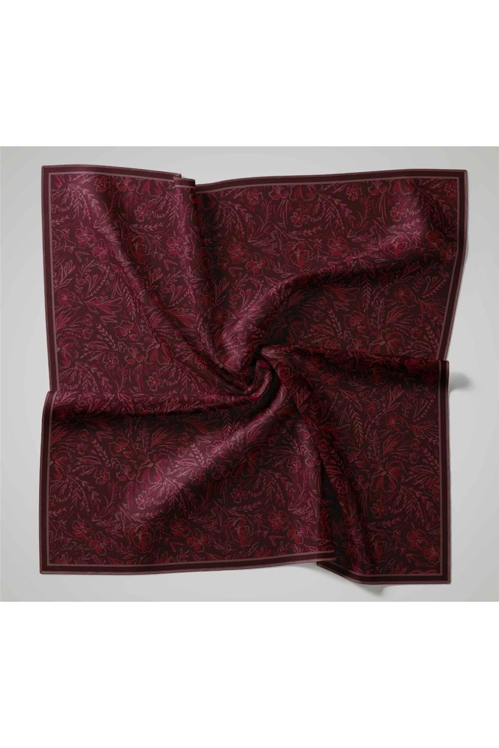 Twill İpek Eşarp Mürdüm Çiçek Desenli Tok Duruşlu 90x90