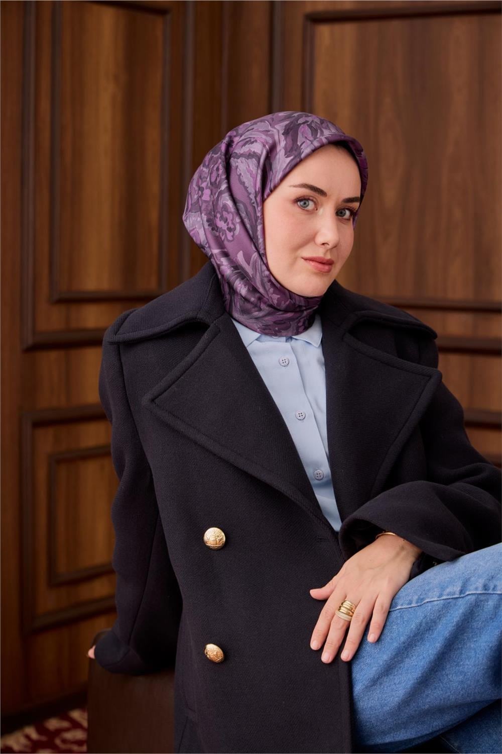 Twill İpek Eşarp Mürdüm-Pudra Desenli Tok Duruşlu 90x90