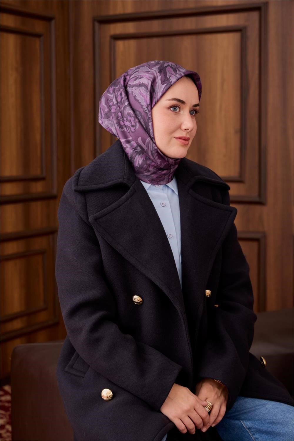 Twill İpek Eşarp Mürdüm-Pudra Desenli Tok Duruşlu 90x90