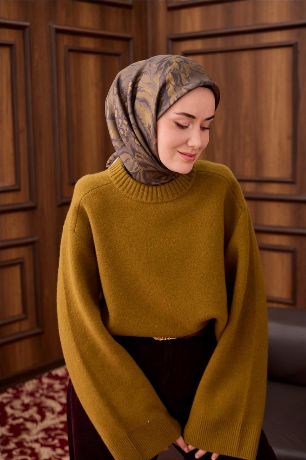 Twill İpek Eşarp Olive-Haki Açık Kahve Desenli Tok Duruşlu 90x90
