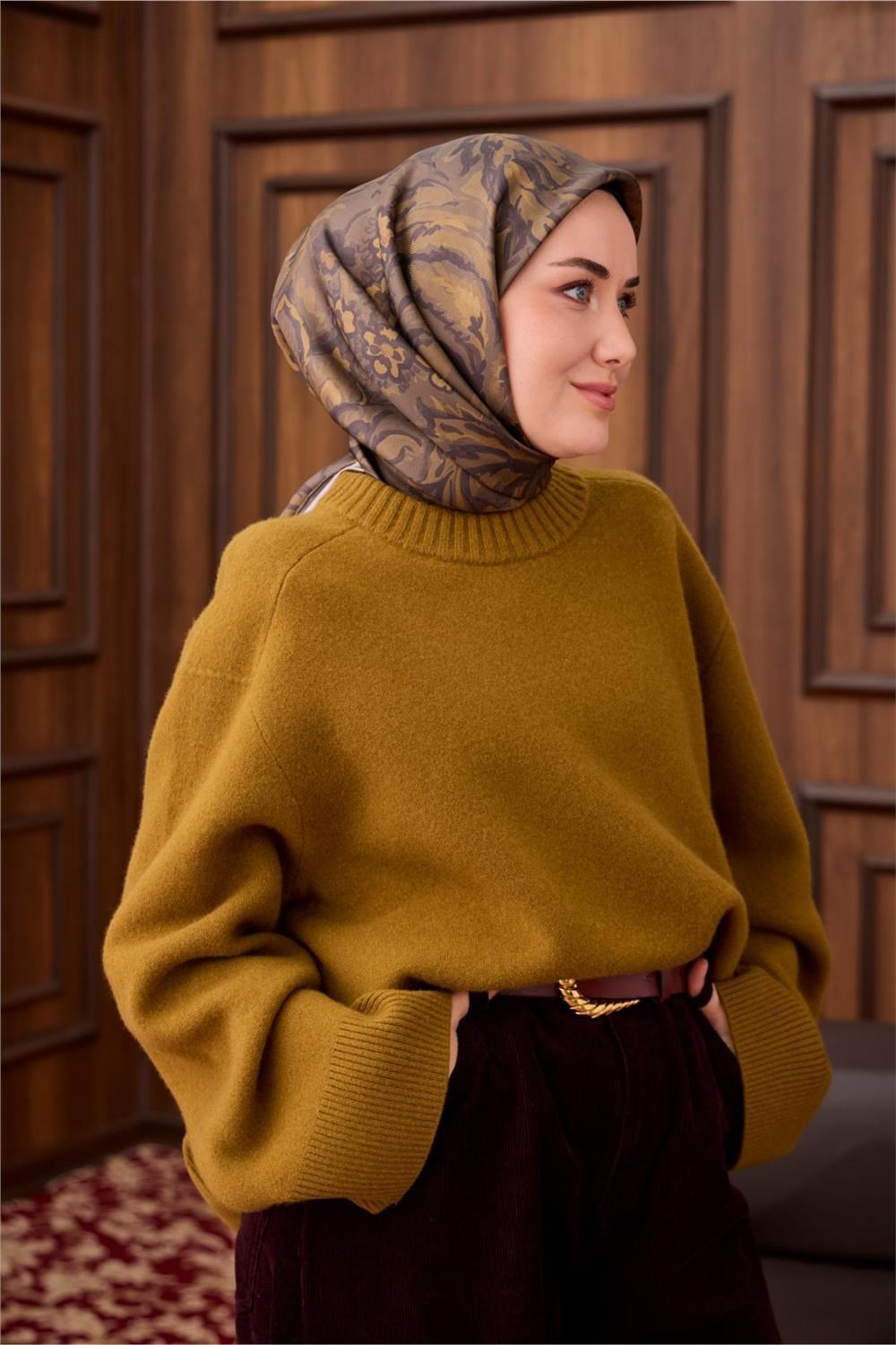 Twill İpek Eşarp Olive-Haki Açık Kahve Desenli Tok Duruşlu 90x90