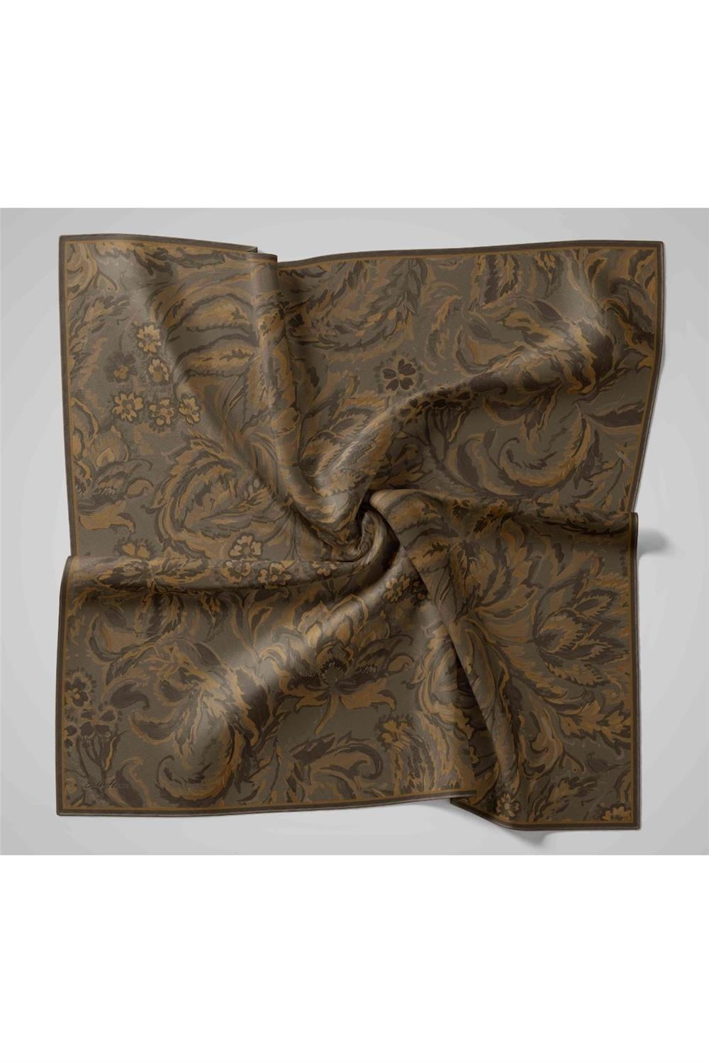 Twill İpek Eşarp Olive-Haki Açık Kahve Desenli Tok Duruşlu 90x90