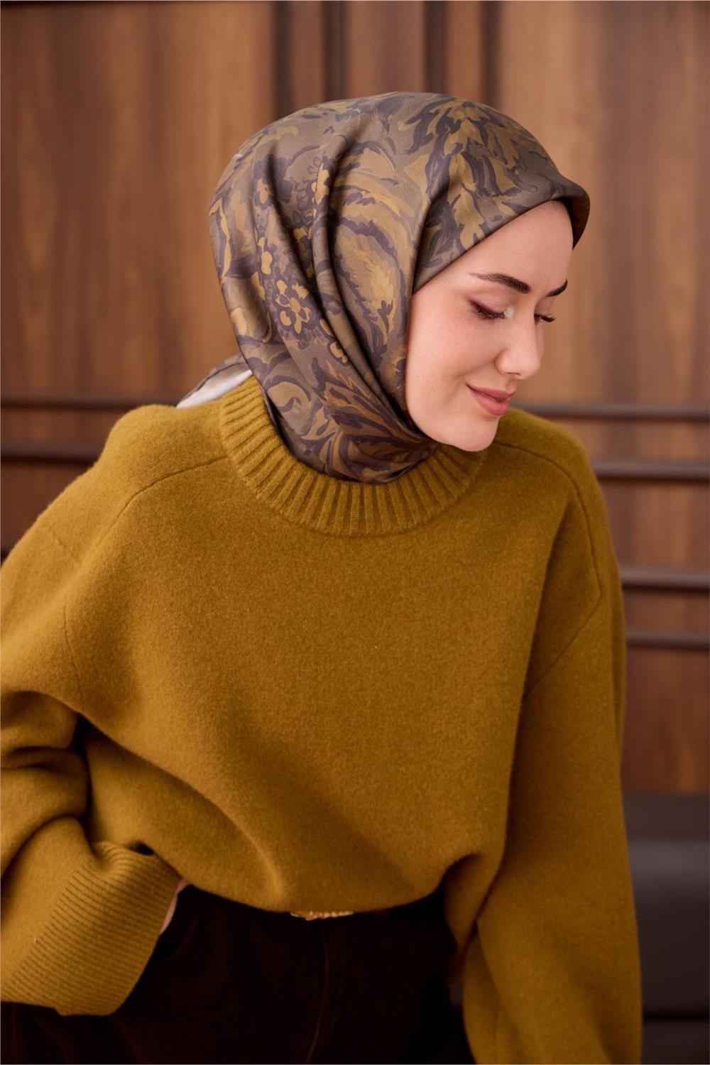 Twill İpek Eşarp Olive-Haki Açık Kahve Desenli Tok Duruşlu 90x90