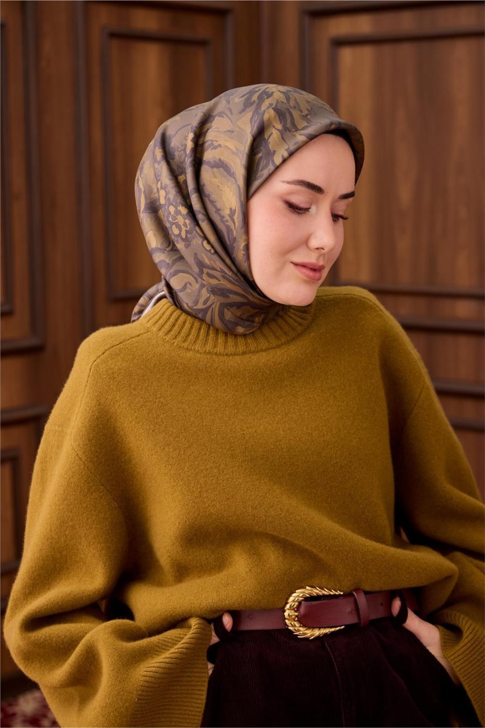 Twill İpek Eşarp Olive-Haki Açık Kahve Desenli Tok Duruşlu 90x90