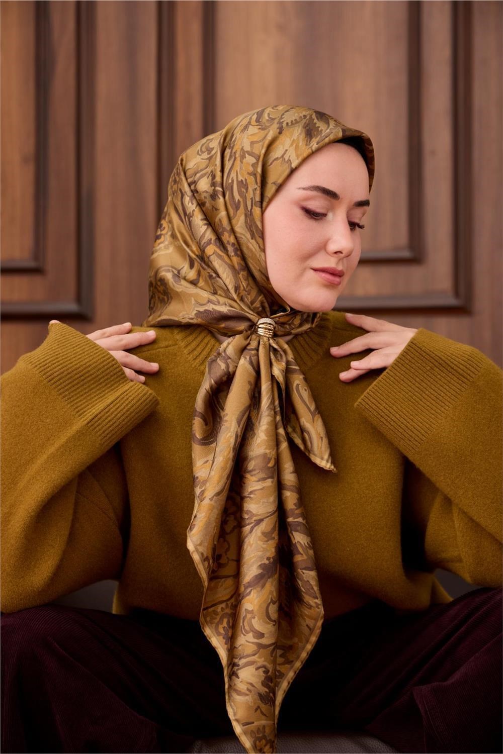 Twill İpek Eşarp Olive-Haki Desenli Tok Duruşlu 90x90