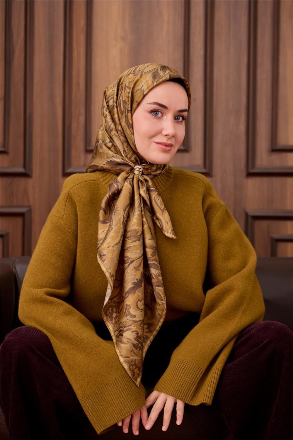 Twill İpek Eşarp Olive-Haki Desenli Tok Duruşlu 90x90