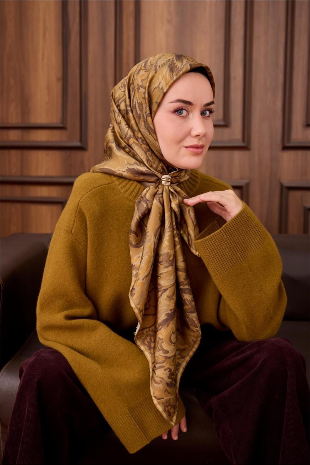 Twill İpek Eşarp Olive-Haki Desenli Tok Duruşlu 90x90