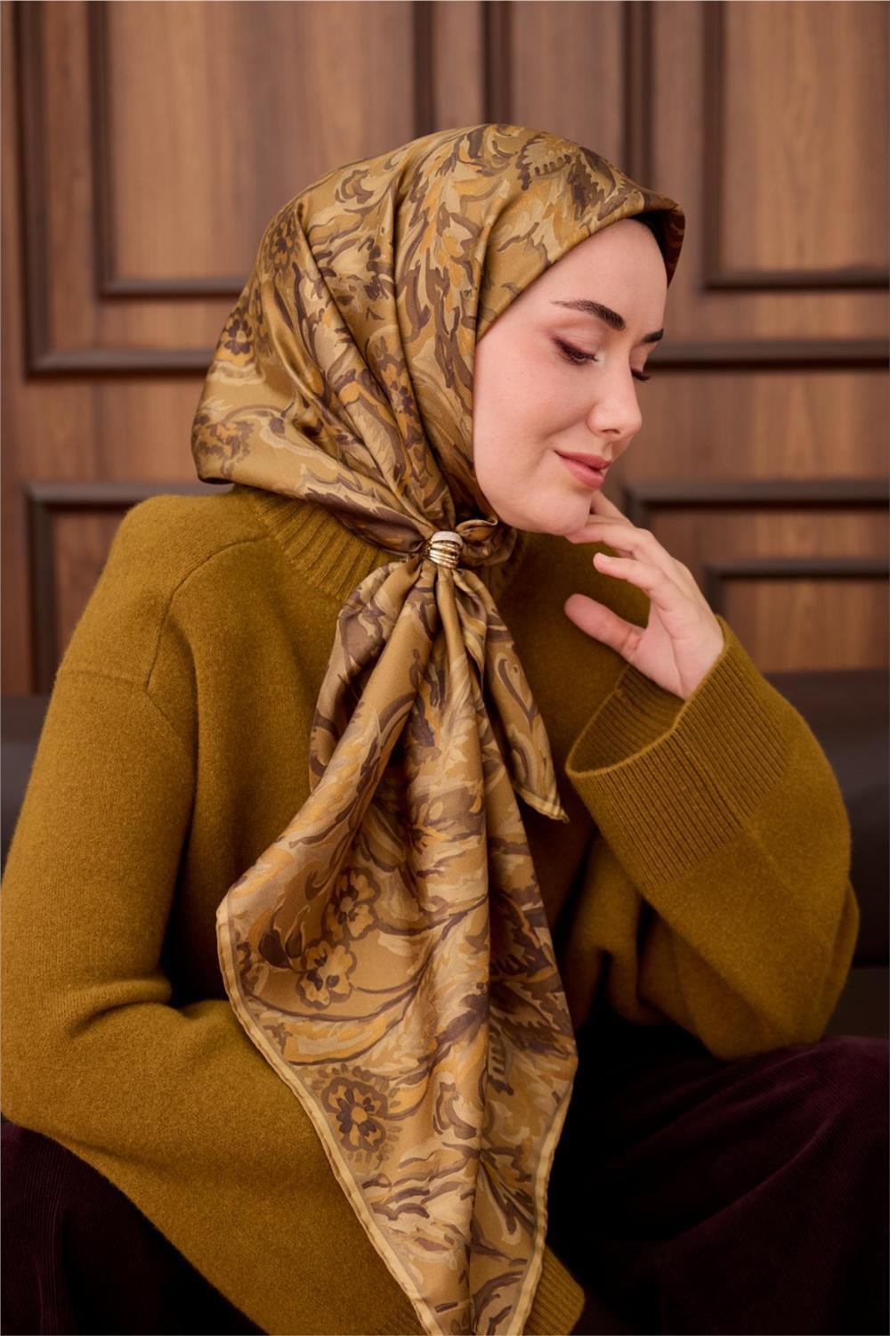 Twill İpek Eşarp Olive-Haki Desenli Tok Duruşlu 90x90