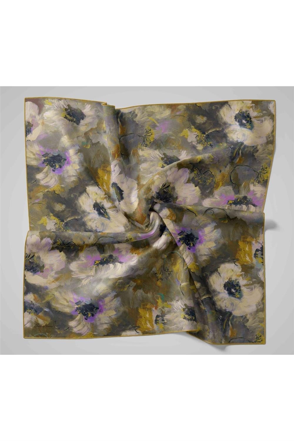 Twill İpek Eşarp Olive-Lila Desenli Tok Duruşlu 90x90