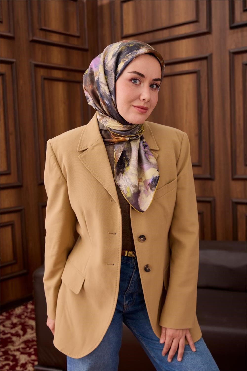 Twill İpek Eşarp Olive-Lila Desenli Tok Duruşlu 90x90