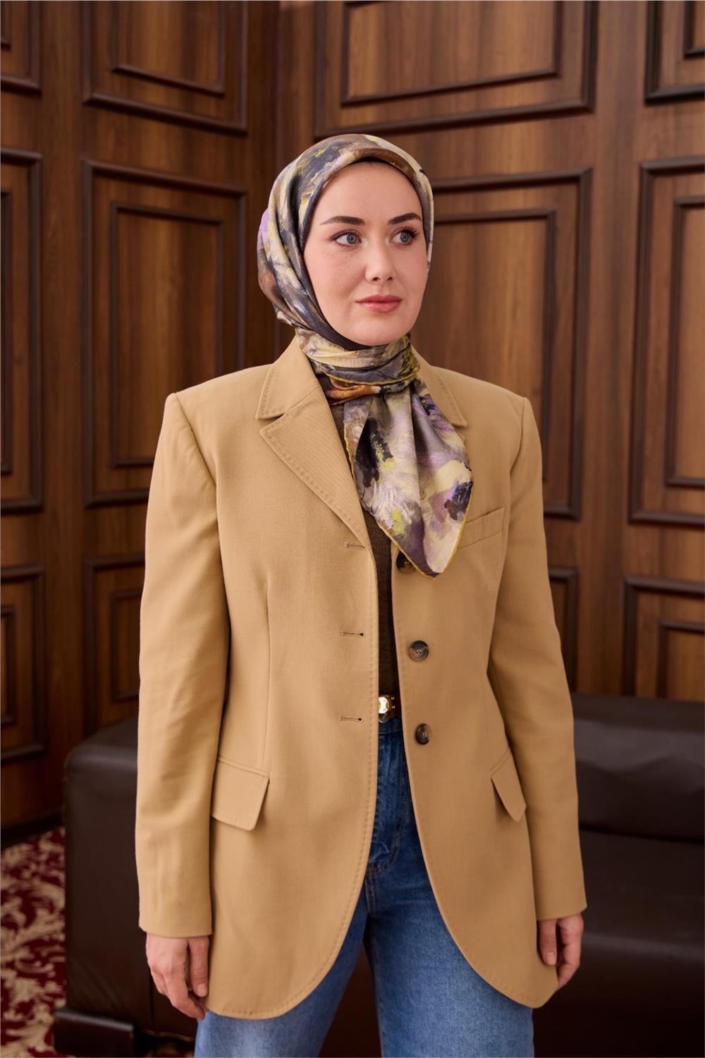 Twill İpek Eşarp Olive-Lila Desenli Tok Duruşlu 90x90