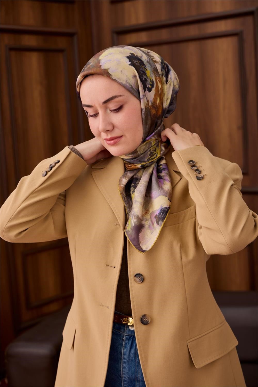 Twill İpek Eşarp Olive-Lila Desenli Tok Duruşlu 90x90
