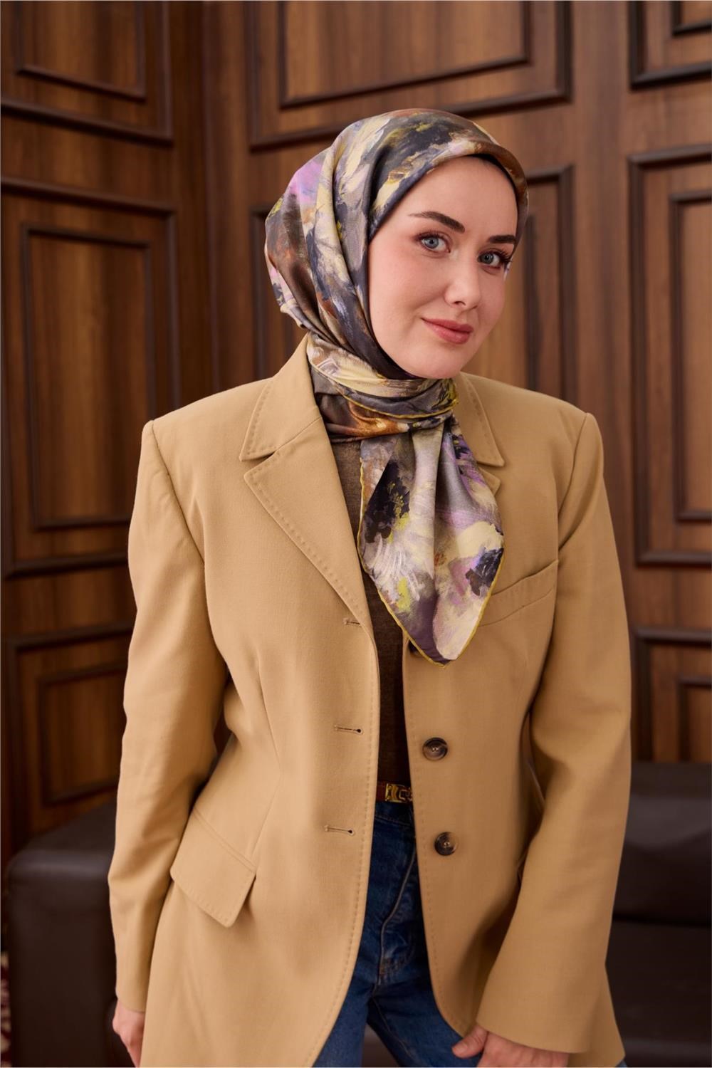 Twill İpek Eşarp Olive-Lila Desenli Tok Duruşlu 90x90