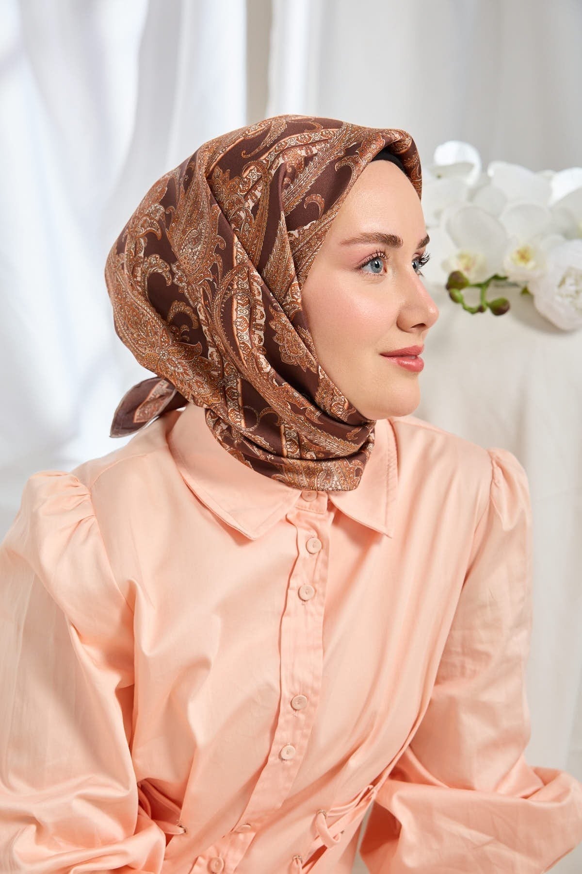 Twill İpek Eşarp Ottoman Paisley Kahverengi