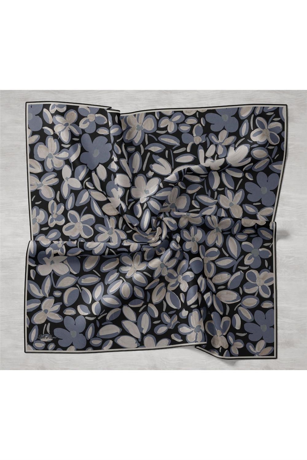 Twill İpek Eşarp Pastel Mor Taş Siyah Papatya Desenli Tok Duruşlu 90x90