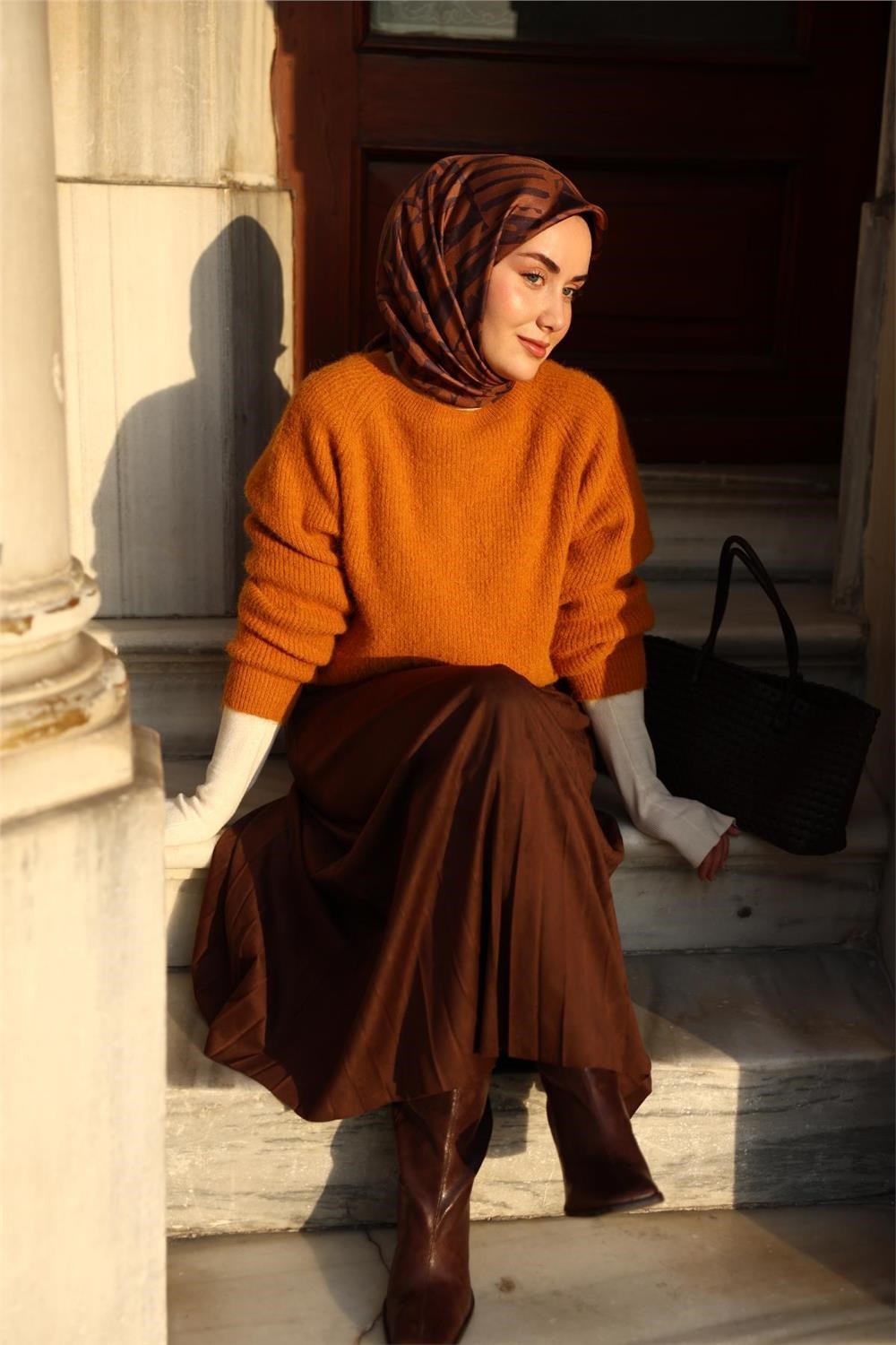 Twill İpek Eşarp Pastel Mor–Soğan Kabuğu–Taba Desenli Tok Duruşlu 90x90