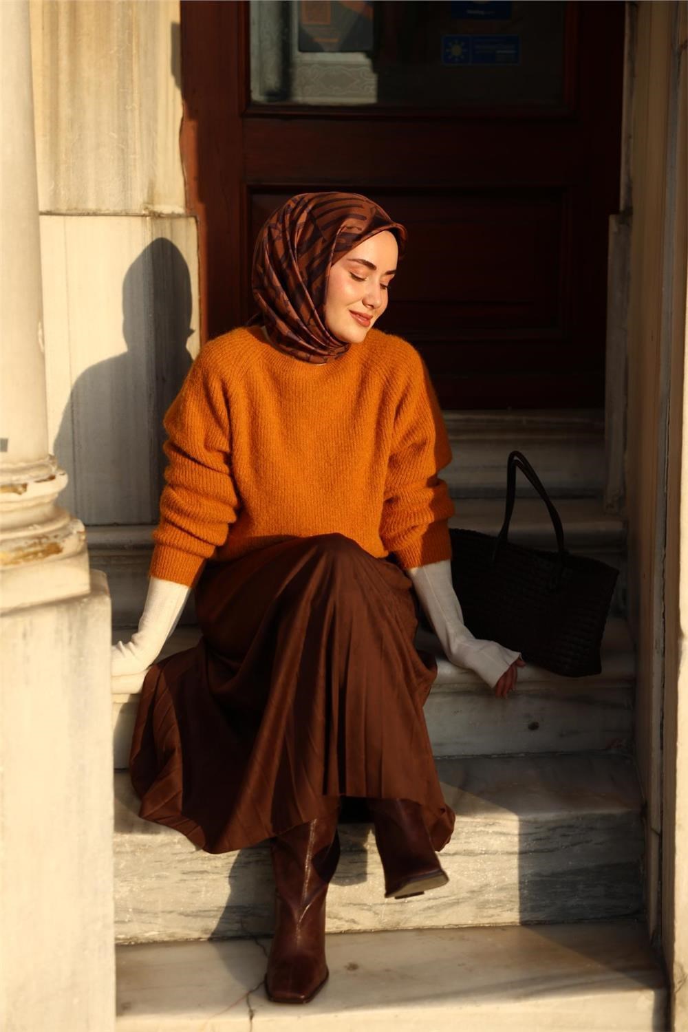 Twill İpek Eşarp Pastel Mor–Soğan Kabuğu–Taba Desenli Tok Duruşlu 90x90