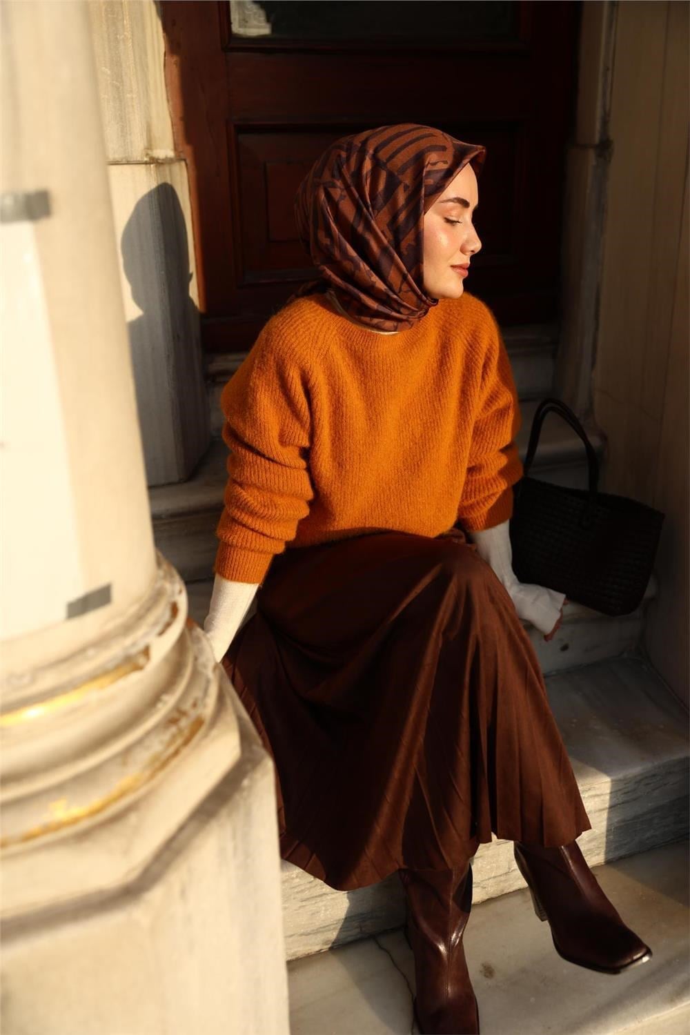 Twill İpek Eşarp Pastel Mor–Soğan Kabuğu–Taba Desenli Tok Duruşlu 90x90