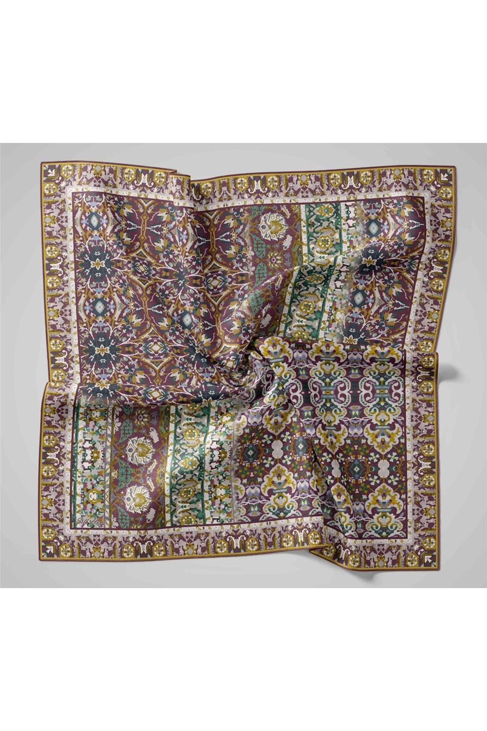 Twill İpek Eşarp Patina-Yağ Yeşili Desenli Tok Duruşlu 90x90