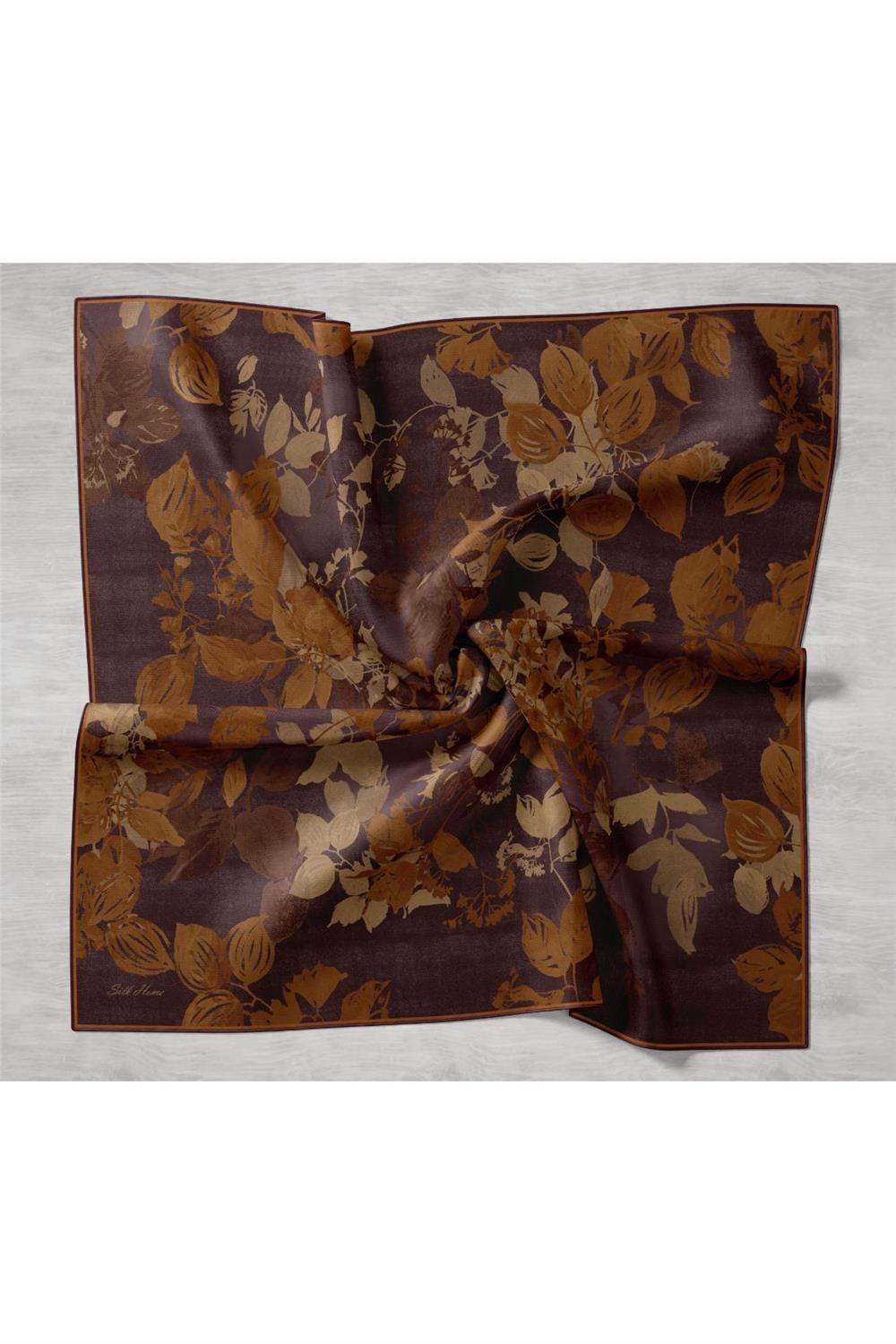 Twill İpek Eşarp Patlıcan Moru Çiçek Desenli Tok Duruşlu 90x90