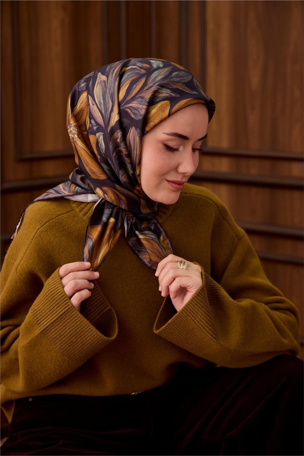 Twill İpek Eşarp Patlıcan Moru-Hardal Yaprak Desenli Tok Duruşlu 90x90