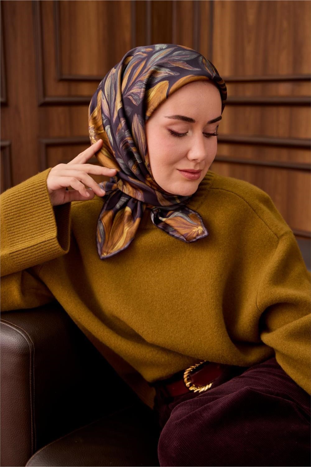 Twill İpek Eşarp Patlıcan Moru-Hardal Yaprak Desenli Tok Duruşlu 90x90