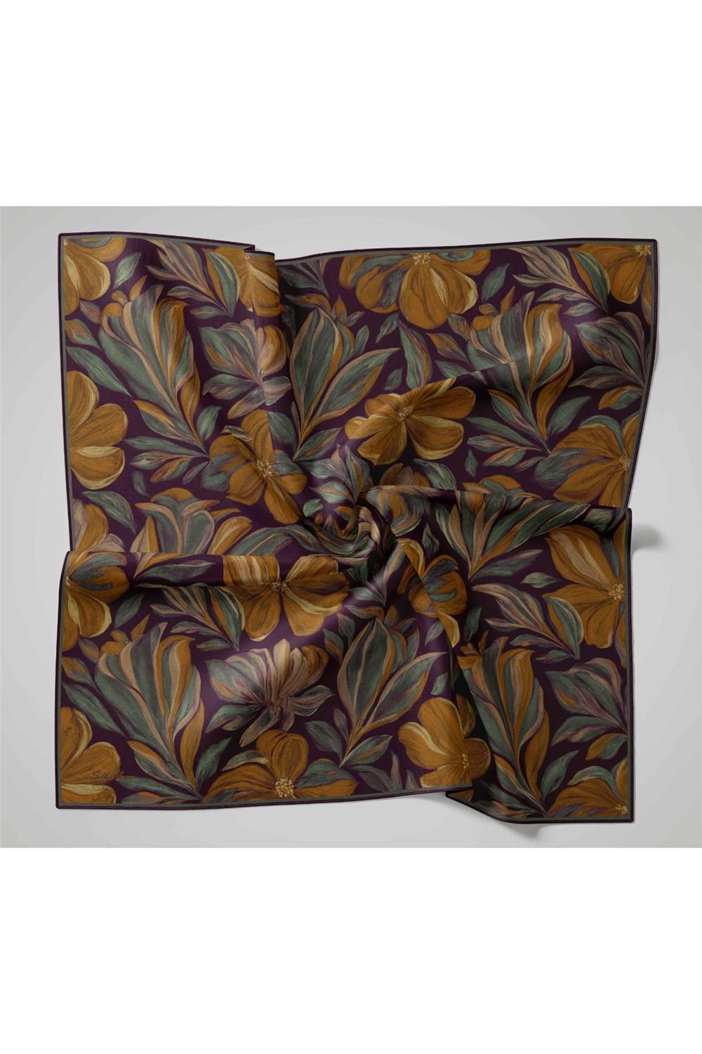 Twill İpek Eşarp Patlıcan Moru-Hardal Yaprak Desenli Tok Duruşlu 90x90