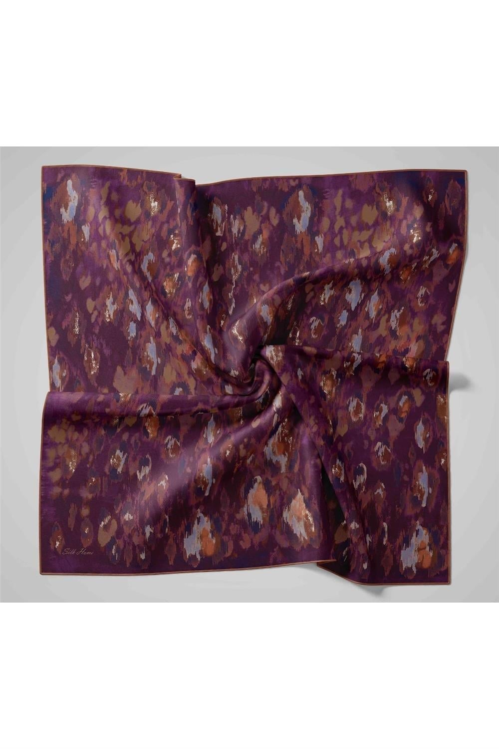 Twill İpek Eşarp Patlıcan Moru-Mürdüm Desenli Tok Duruşlu 90x90