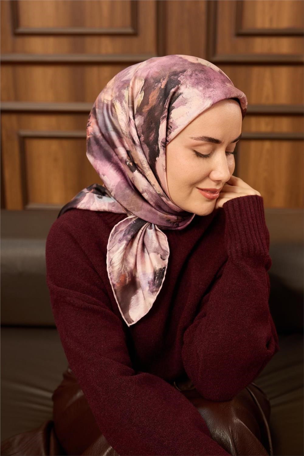 Twill İpek Eşarp Pembe-Pudra Desenli Tok Duruşlu 90x90