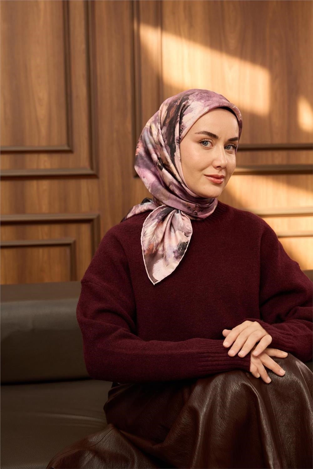 Twill İpek Eşarp Pembe-Pudra Desenli Tok Duruşlu 90x90