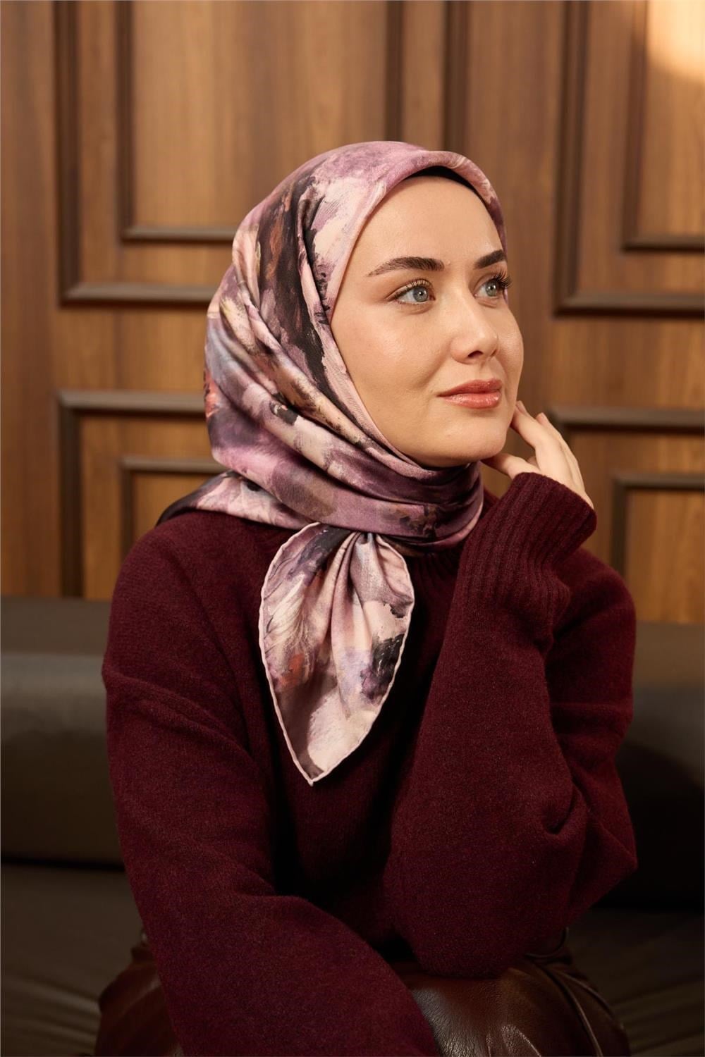 Twill İpek Eşarp Pembe-Pudra Desenli Tok Duruşlu 90x90