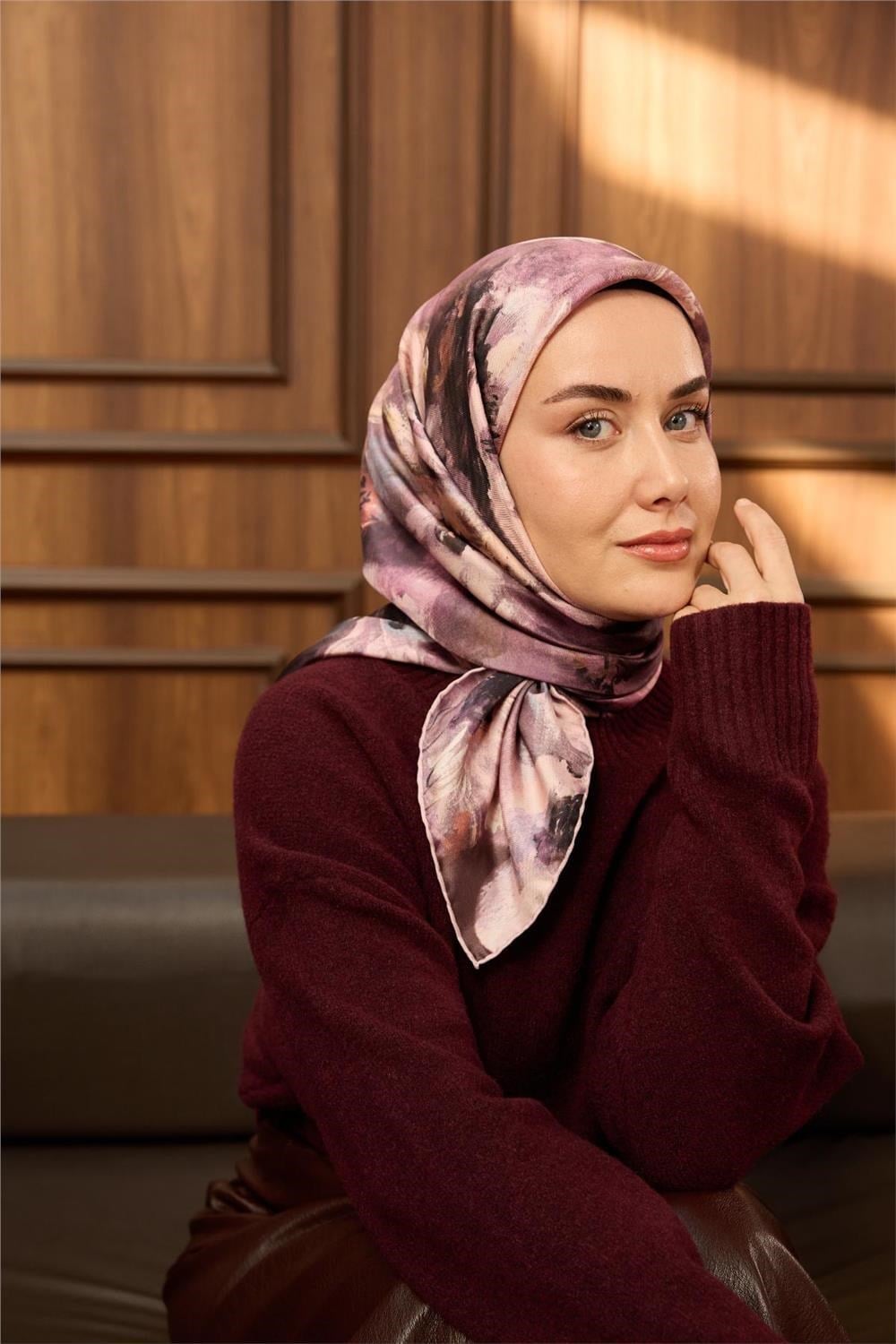 Twill İpek Eşarp Pembe-Pudra Desenli Tok Duruşlu 90x90