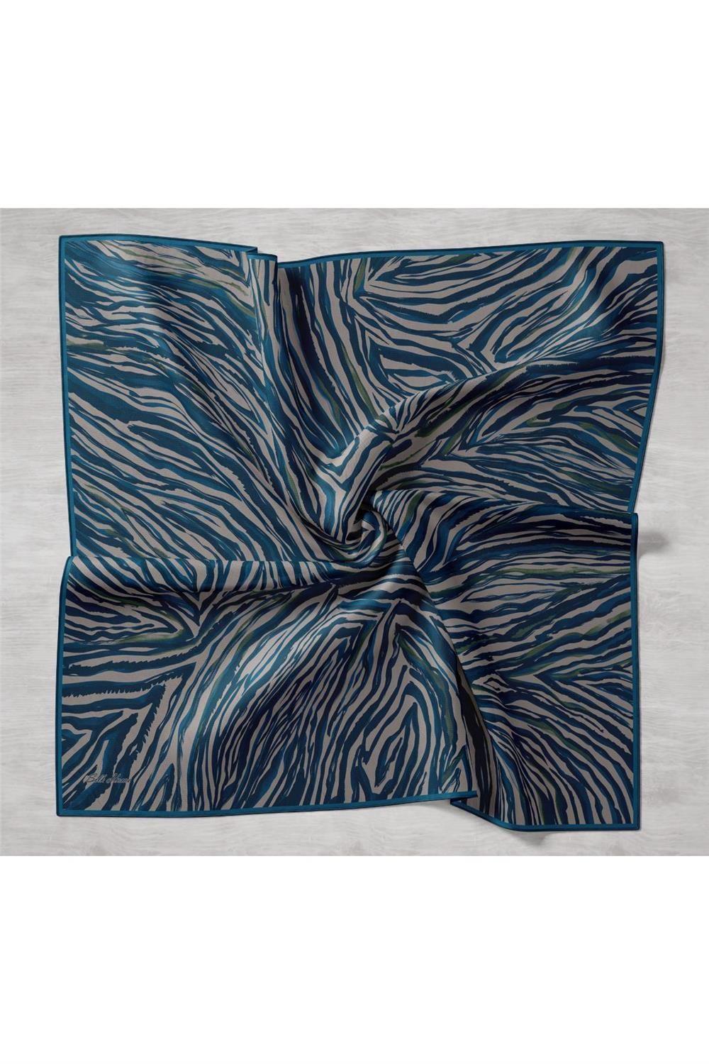 Twill İpek Eşarp Petrol Mavi Vizon Geometrik Desenli Tok Duruşlu 90x90