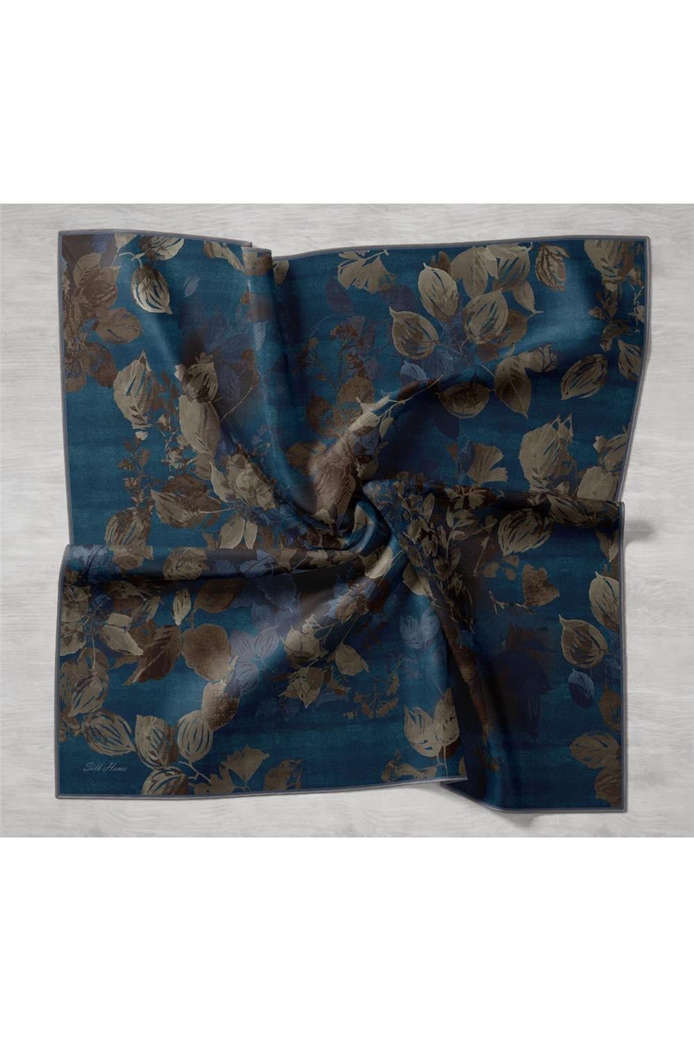 Twill İpek Eşarp Petrol Mavi-Yeşil Çiçek Desenli Tok Duruşlu Kaymaz 90x90