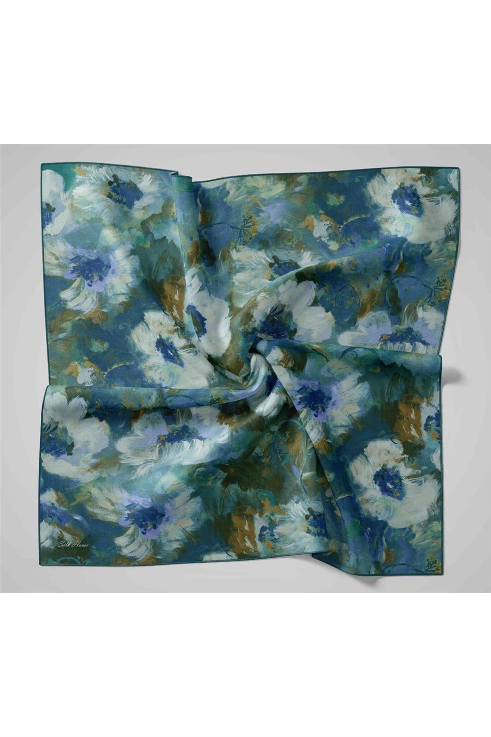 Twill İpek Eşarp Petrol Mavi-Yeşil Desenli Tok Duruşlu 90x90