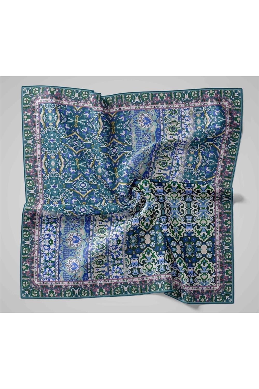 Twill İpek Eşarp Petrol Mavisi-Ekru Desenli Tok Duruşlu 90x90