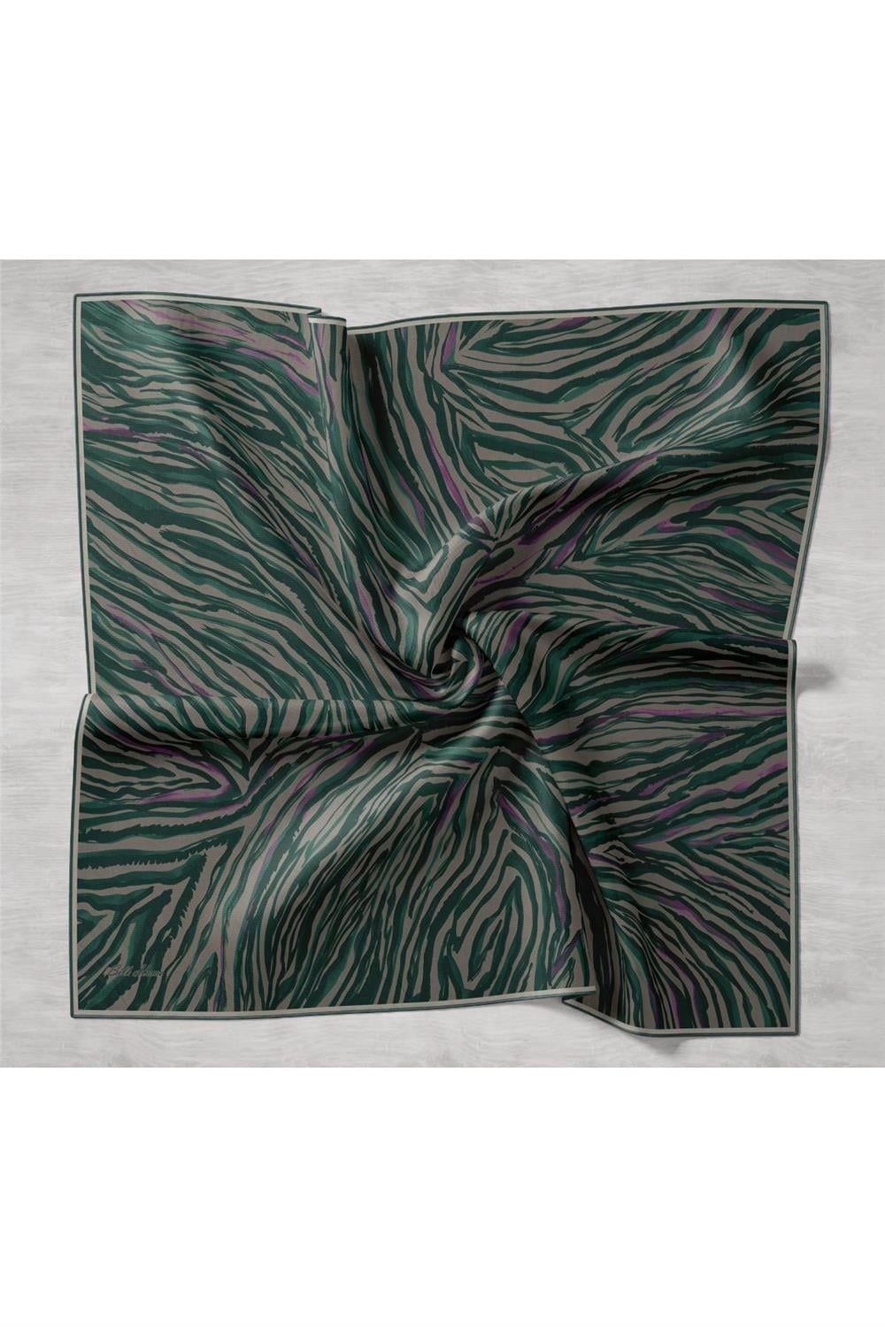 Twill İpek Eşarp Petrol Yeşili Erguvan Geometrik Desenli Tok Duruşlu 90x90