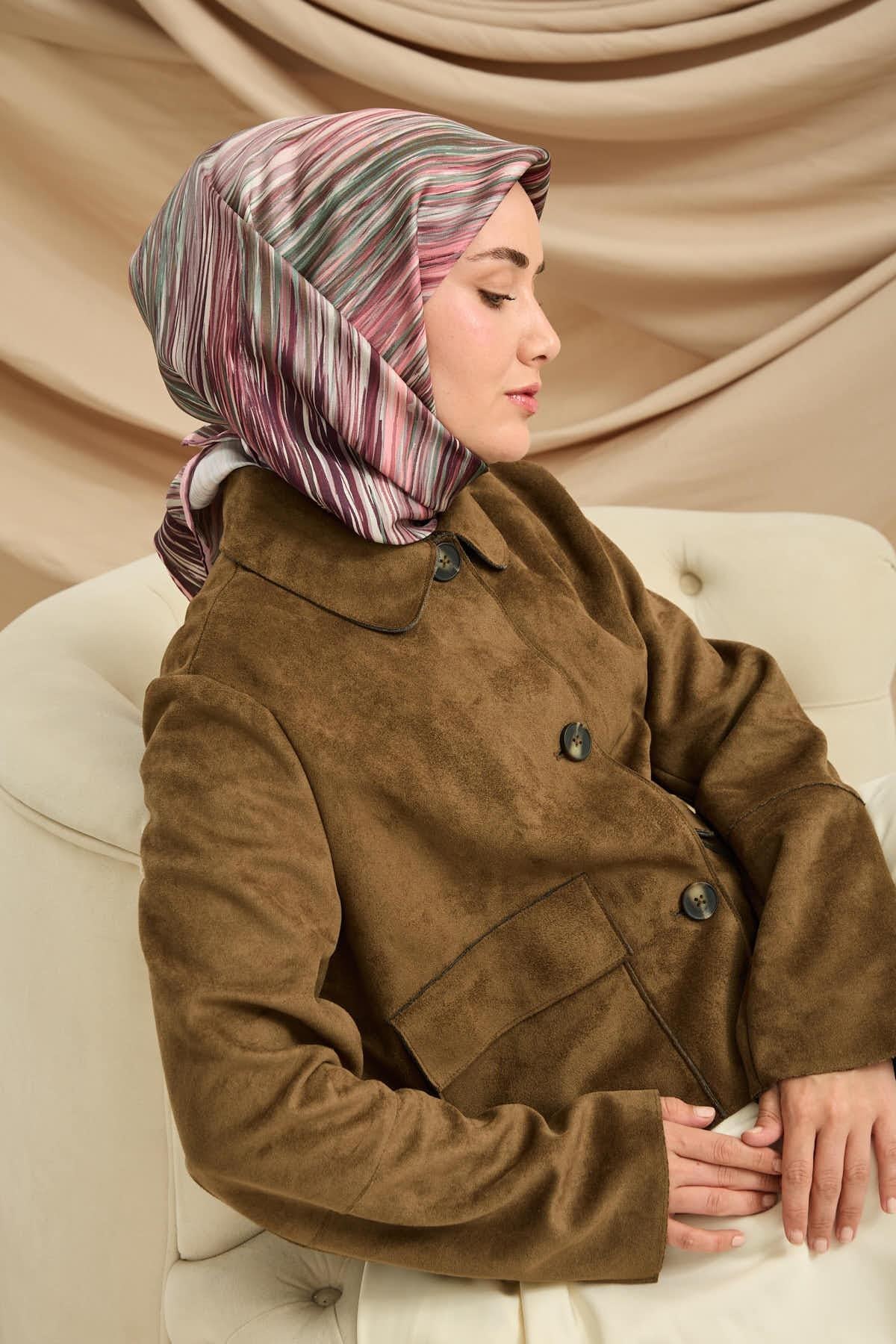 Twill İpek Eşarp Pudra-Yeşil Tonlu Kaymaz Tok Duruşlu Kumaş 90x90