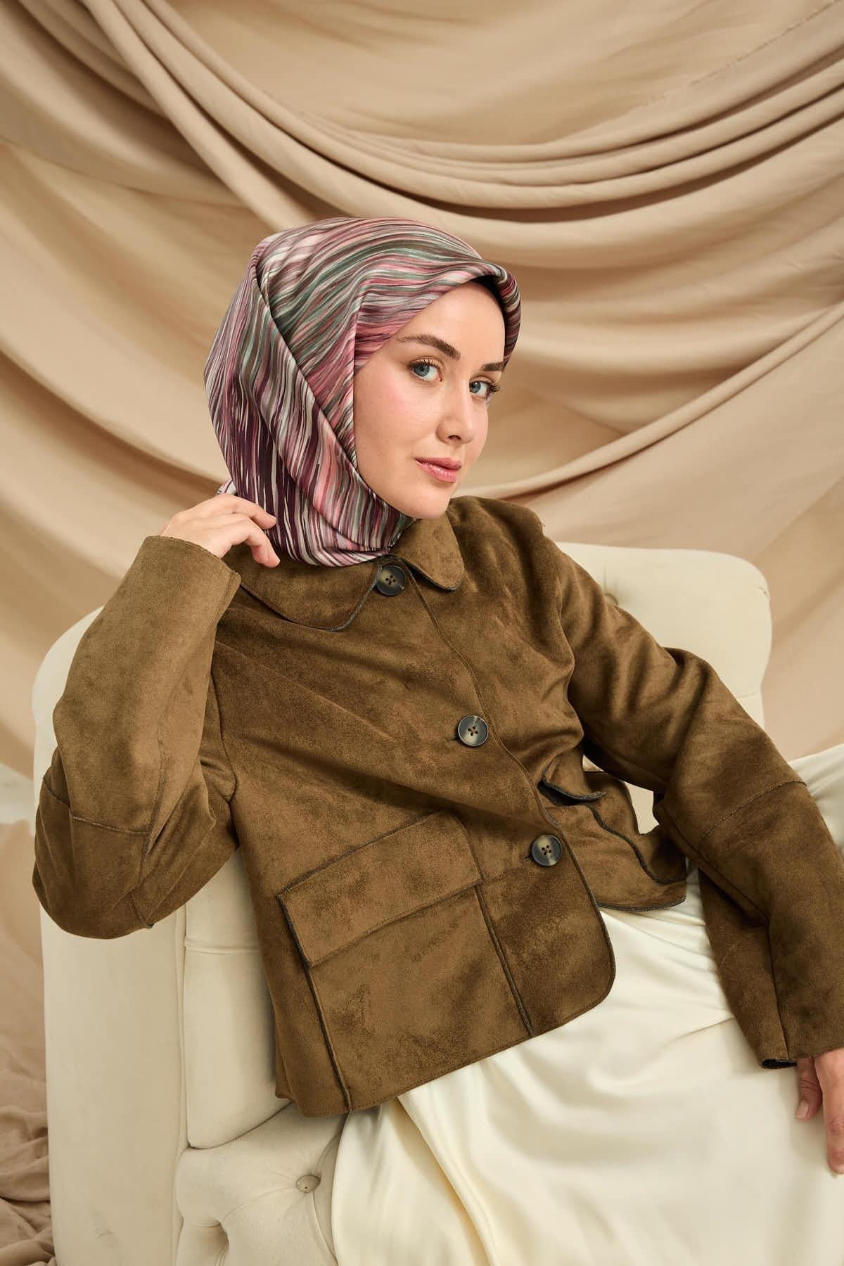Twill İpek Eşarp Pudra-Yeşil Tonlu Kaymaz Tok Duruşlu Kumaş 90x90