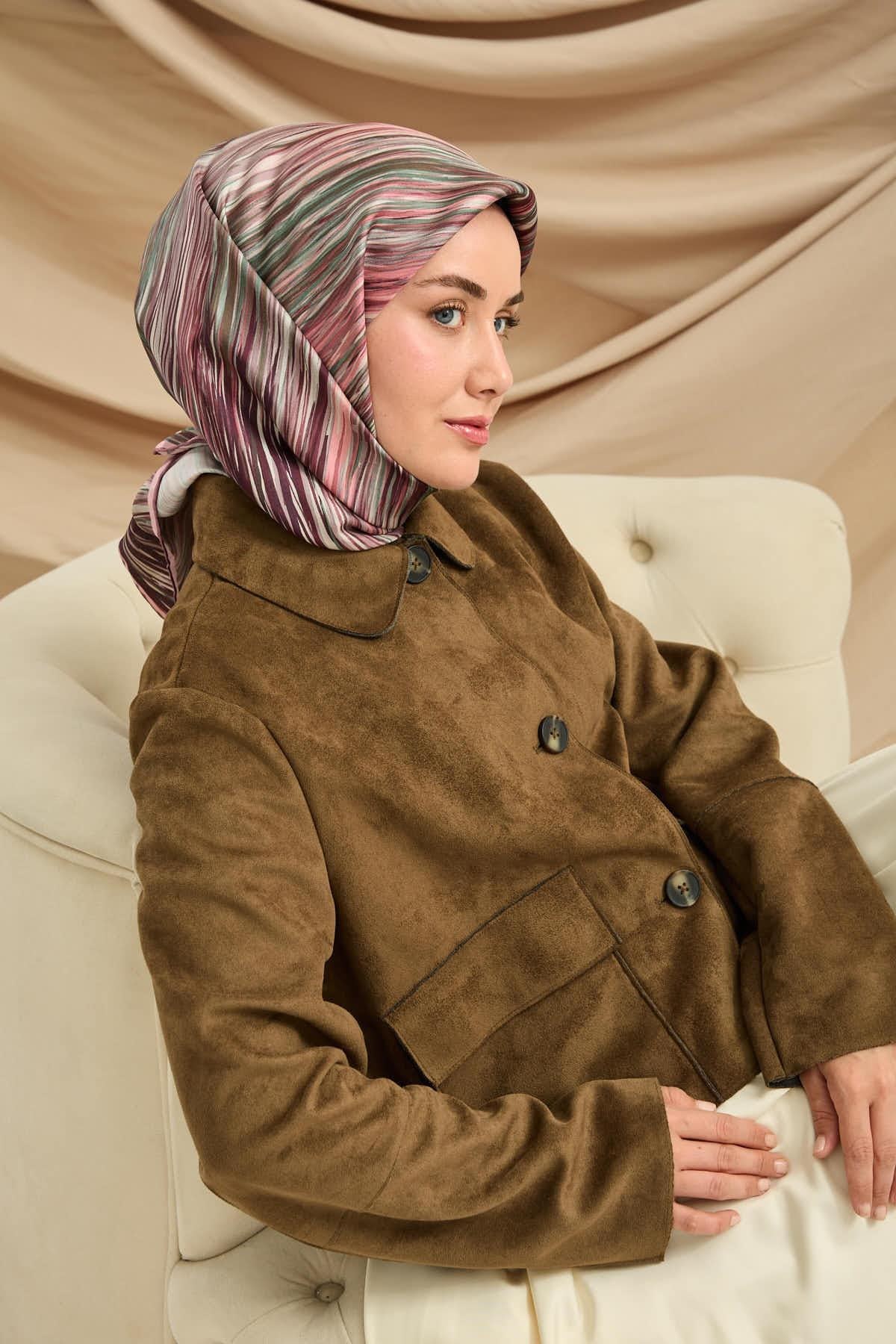 Twill İpek Eşarp Pudra-Yeşil Tonlu Kaymaz Tok Duruşlu Kumaş 90x90