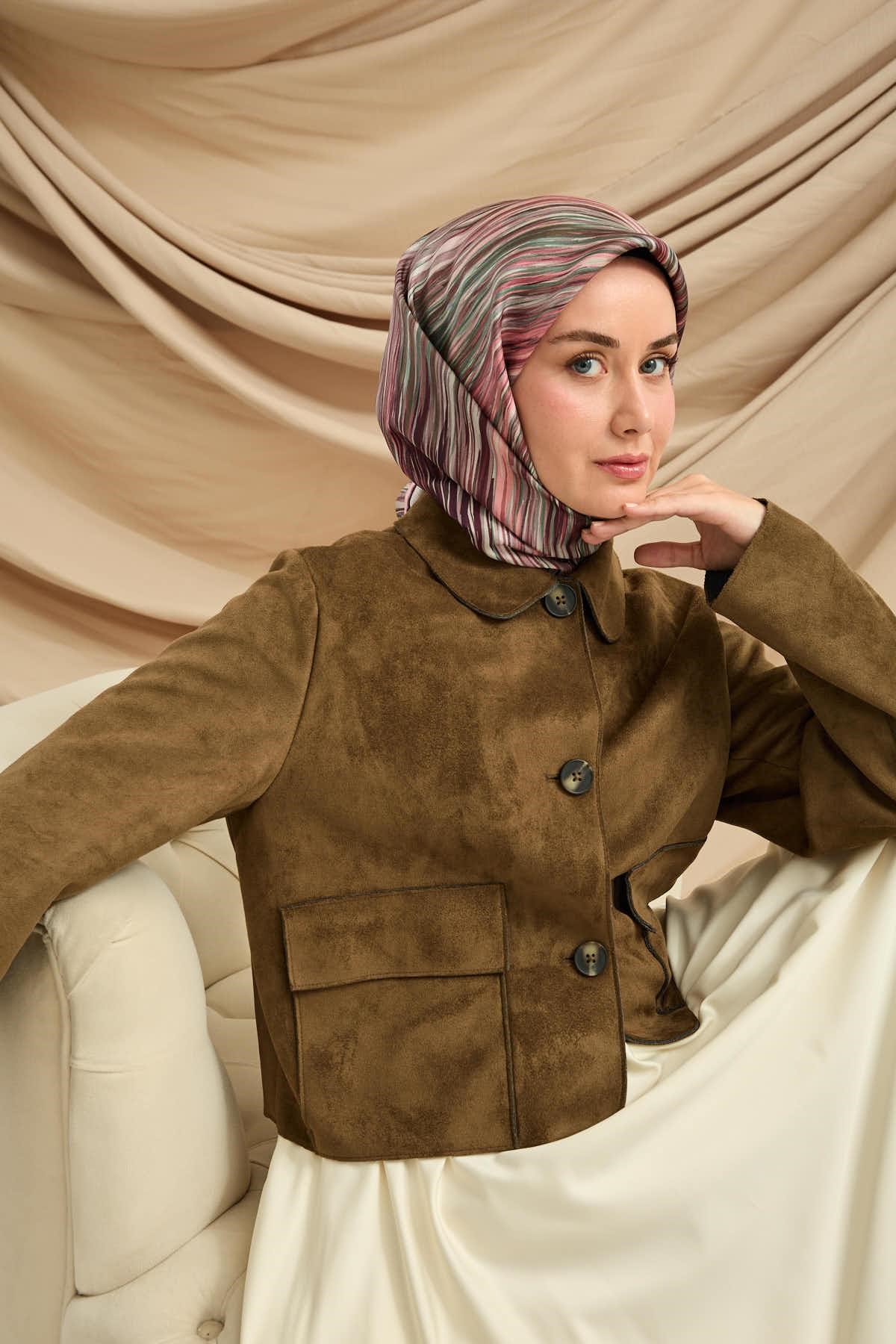 Twill İpek Eşarp Pudra-Yeşil Tonlu Kaymaz Tok Duruşlu Kumaş 90x90