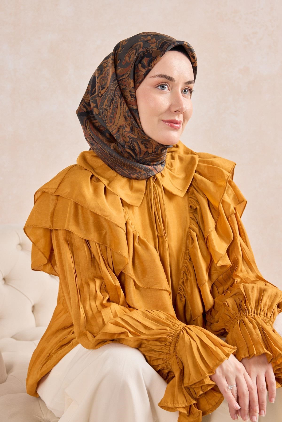 Twill İpek Eşarp Royale Şal Desen Antrasit 90x90