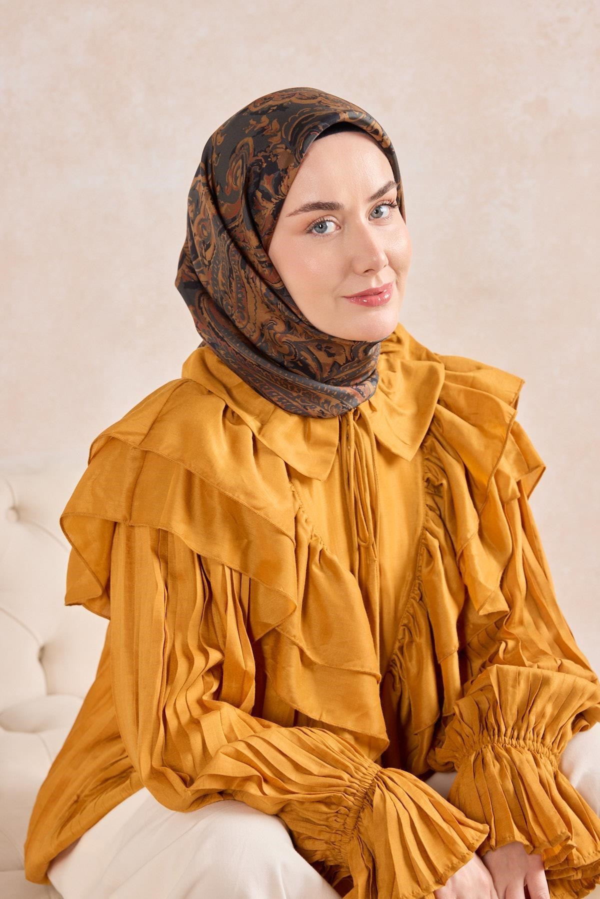 Twill İpek Eşarp Royale Şal Desen Antrasit 90x90